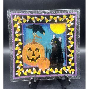 VTG Peggy Karr HALLOWEEN Square Art Glass Platter Dish Pumpkins Black Cat 10”
